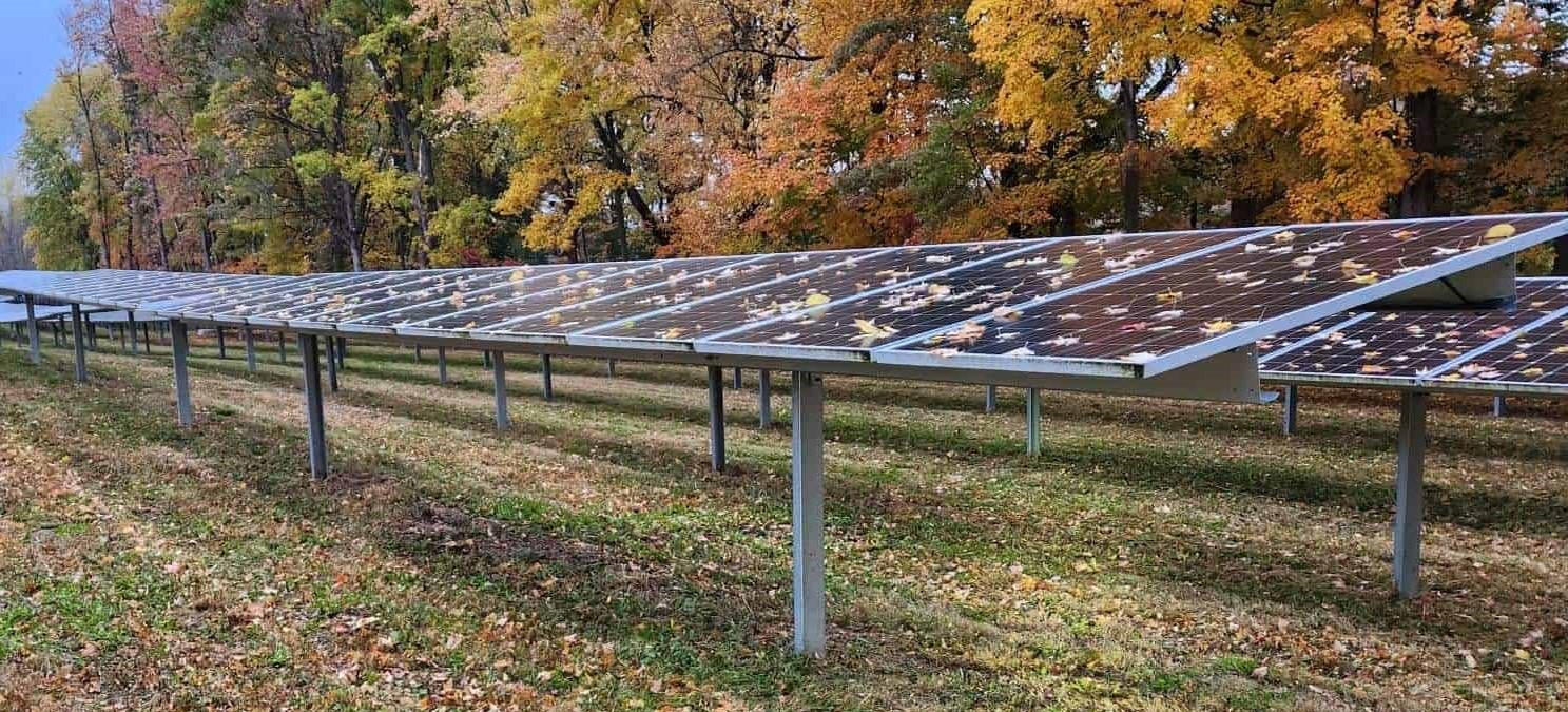 Photo of solar panels with leaves